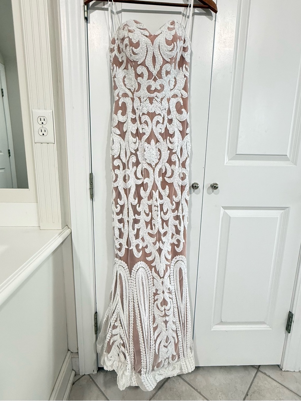 Strapless Nude Sheer Gown with White Lace Appliqué VAL STEFANI